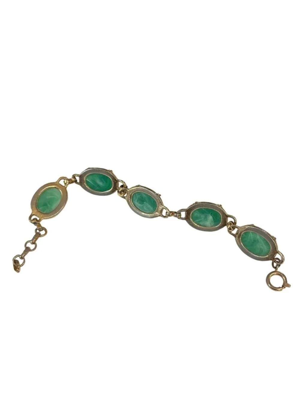 Vintage GoldTone Scarab Bracelet With Green Cabochons  Egyptian Revival Inspired - Picture 4 of 5